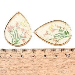 真鍮、透明エポキシ樹脂、ドライフラワーのペンダント  花と蝶の模様があしらわれたティアドロップ型のチャーム  グリッターパウダー付き  ミックスカラー  35x25.5x3.5mm  穴：0.9mm&nbsp;RESI-G133-02G