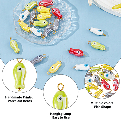 ナザールボンジュウを象徴する魚の形をした釉薬磁器製ペンダント（20色）5個  ゴールデントーン鉄パーツ  ミックスカラー  27mm  穴：3mm&nbsp;PALLOY-HS00036
