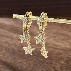 真鍮マイクロペーブクリアキュービックジルコニアハギーフープピアス  長持ちメッキ  スター  18KGP本金メッキ  32.5mm  ピン：0.9mm&nbsp;EJEW-K083-43G