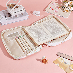 花柄プリントのポリエステル製本収納ジッパーバッグ  ハンドル付き長方形  ホワイト  22x29.5x5.5cm&nbsp;ABAG-WH0048-80B