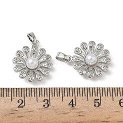 真鍮チャーム  デイジーフラワーチャーム  ABS模造パールビーズ付き  プラチナ  19x16.5x6mm  穴：4x2.5mm&nbsp;KK-F924-18B-P