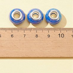 20 個の不透明樹脂ヨーロピアンビーズ  大穴ビーズ  模造磁器  プラチナトーン真鍮の二重コアを持つ  ABカラー  ロンデル  ブルー  14x9mm  穴：5mm&nbsp;RPDL-FS0001-01