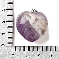 天然石アメジストペンダント  真鍮製スナップオンベイル付き  ハートチャーム  プラチナ  26.5~27x25x13.5~14mm  穴：6.5x3.5mm&nbsp;G-C188-03F