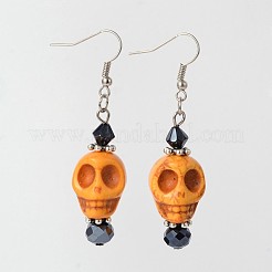 ハロウィン合成ハウライト頭蓋骨のダングルのピアス  ガラスビーズと真鍮のピアスフック  ミックスカラー  58mm  ピン：0.7mm&nbsp;EJEW-JE01576