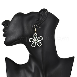 ガラスの花のダングルのイヤリング  真鍮のピアスフックと貝パール付き  ゴールドカラー  グリーン  54~55x34~34.5mm&nbsp;EJEW-TA00715-01