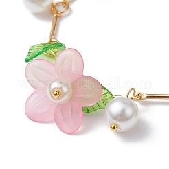 アクリルフラワー＆ガラスパールチャームブレスレット  真鍮のチェーン入り  ピンク  6-7/8~7-1/8インチ（17.5~18cm）&nbsp;BJEW-JB10054-02