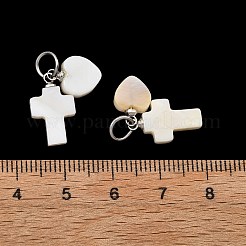 天然石シェルペンダント  十字架とハートのチャーム、304ステンレススチール製丸カン付き  貝殻色  ステンレス鋼色  20mm  穴：4mm&nbsp;PALLOY-JF05786