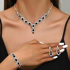 ティアドロップ型の真鍮ラインストーンネックレス、リンクブレスレット、スタッドピアスセット  ジェット  ネックレス：11.81インチ（300mm）；ブレスレット：7.09インチ（180mm）；イヤリング：35mm&nbsp;FS-WGE0FD5-05