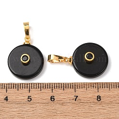 天然石オブシディアンペンダント  真鍮製のマイクロパヴェキュービックジルコニア金具が付いた、フラットラウンドいコインチャーム  ゴールドカラー  20x16x6mm  穴：7x4mm&nbsp;G-P628-03G-05