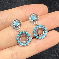 合成ターコイズダングルスタッドピアス  スターリングシルバーのイヤリング金具付き  アンティークシルバー  40x22mm&nbsp;EJEW-C178-01A
