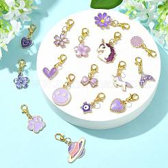 20 個 20 スタイル合金エナメルペンダント装飾  カニカン付き  ユニコーンの花と蝶の蝶結び  混合図形  ゴールドカラー  パープル  25~36mm  1個/スタイル&nbsp;HJEW-FS00047