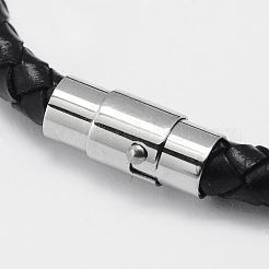 編み込みレザーコードブレスレット  304ステンレススチール製マグネット留め具付き  ブラック  200x6mm&nbsp;BJEW-I199-04