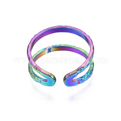 304ステンレススチールダブルラインラップカフリング  女性のためのレインボーカラーオープンリング  usサイズ7（17.3mm）&nbsp;RJEW-N038-101