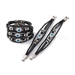 マルチ連レザーコードブレスレット  合金パーツ  ナザールボンジュウ  ブラック  220mm（8-5/8インチ）&nbsp;BJEW-D423-06A
