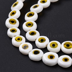 手作りナザールボンジュウランプワークフラットラウンドビーズ連売り  ホワイト  6x3mm  穴：1mm  約65個/連  14インチ&nbsp;LAMP-L058-6mm-22