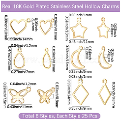150個6スタイル304ステンレススチールチャーム  混合図形  18KGP本金メッキ  10~15x7~13.7x0.8~1mm  穴：1~1.2mm  25個/スタイル&nbsp;STAS-BBC0009-51