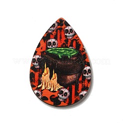 片面プリントウッドビッグペンダント  ハロウィンティアドロップチャーム  レッド  54x36.5x2.6mm  穴：2mm&nbsp;WOOD-H102-04D