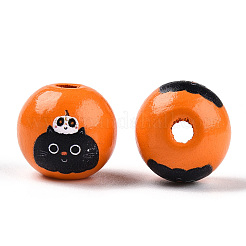 ハロウィーンテーマの木製ヨーロッパビーズ  プリントされた大穴ビーズ  ラウンド  ダークオレンジ  猫の形  15.5~16.5mm  穴：3.5~4.5mm&nbsp;WOOD-N016-04L
