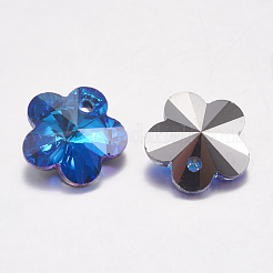 カット加工ガラスラインストーンチャーム  模造オーストリアのクリスタル  花  バミューダブルー  10x10x5mm  穴：1.2mm&nbsp;RGLA-F055-10x10-001BB