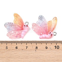 透明 & 不透明樹脂ペンダント  プラチナアイアンループとグリッターパウダー付き  蝶  27x23.5x7.5mm  穴：2mm&nbsp;RESI-P048-02E-P