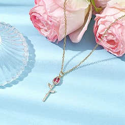 バラの花の真鍮キュービックジルコニアペンダントネックレス  女性用304ステンレススチールアズキチェーンネックレス  ゴールドカラー  濃いピンク  18.31~18.43インチ（46.5~46.8cm）&nbsp;NJEW-JN05055-01