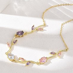 真鍮パヴェキュービックジルコニアローズフラワーリンクアズキチェーンネックレス（女性用）  長持ちメッキ  ラックめっき  カドミウムフリー＆鉛フリー  18KGP本金メッキ  カラフル  16.34インチ（41.5cm）&nbsp;NJEW-C121-05A-01G
