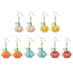 304ステンレススチール製パンプキンダングルイヤリング  アクリル、ガラスシード、ガラスビーズ付き  ゴールドカラー  ミックスカラー  44x20mm&nbsp;EJEW-MZ00514