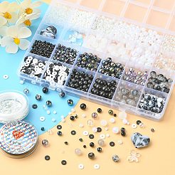 DIY天然石風ストレッチブレスレット作成キット  ラウンド & バイコーン & ハート & 蝶形アクリル & ガラスシード & ポリマークレイへーしビーズを含む  白黒  ビーズ：2353個/袋&nbsp;DIY-FS0003-32