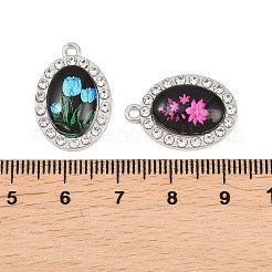 合金エナメル & ラインストーン ペンダント  花柄チャーム付きオーバル  プラチナ  ミックスカラー  21.5x15x4.5mm  穴：1.6mm&nbsp;FIND-H065-01P