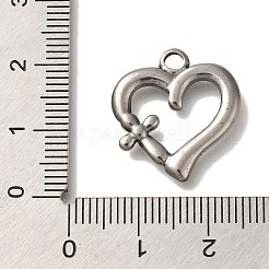 304ステンレスペンダント  クロスチャーム付きハート  アンティークシルバー  20x19x2.5mm  穴：2.8mm&nbsp;STAS-H223-19AS-04
