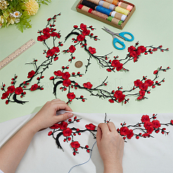 4枚の梅の花のポリエステル刺繍布、縫い付けアップリケ  ミシンクラフト装飾  レッド  273x216x1mm&nbsp;PATC-CY0001-58A