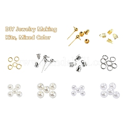 キットを作るDIYイヤリング  丸いabsプラスチック模造真珠ビーズを含む  鉄のパーツとイヤーナットと折り畳み式のカシメエンドパーツと開いた丸カン  弾性水晶の線  ミックスカラー  ビーズ：400個/セット&nbsp;DIY-YW0003-16