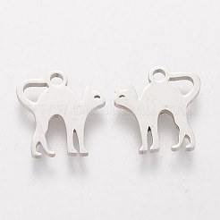 変色しにくい304ステンレススチールの子猫チャーム  猫のシルエット形状  ステンレス鋼色  12.5x12x1mm  穴：1.5mm&nbsp;STAS-Q201-T155