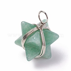 天然石グリーンアベンチュリンペンダント  真鍮パーツ  メルカバスター  プラチナ  24~27x17x17mm  穴：3.5~4mm&nbsp;G-I220-C10