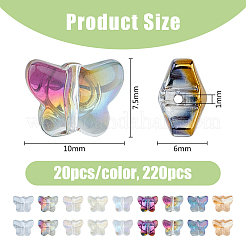 220色電気メッキ透明ガラスビーズ11個。  虹メッキ  蝶  ミックスカラー  7.5x10x6mm  穴：1mm  20個/カラー&nbsp;GLAA-DC0001-30