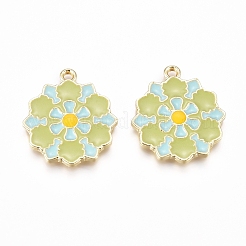 合金エナメルチャーム  バロック様式  花付きフラットラウンド  グリーン  ゴールドカラー  23x20x2mm  穴：1.6mm&nbsp;ENAM-E568-12G