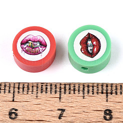 プリントされた手作りポリマー粘土ビーズ  リップ模様のフラットラウンド  カラフル  9~10x4~5mm  穴：1.8~2mm&nbsp;CLAY-T022-12G
