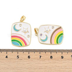 真鍮エナメルペンダント  ラインストーンとABS模造真珠と  18KGP本金メッキ  ラックめっき  鉛フリー＆カドミウムフリー  虹と月のチャームが付いた長方形  カラフル  26.5x19x5.5mm  穴：4.5x2.5mm&nbsp;KK-R212-07G