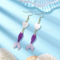 ガラスと貝殻のダングルイヤリング  魚とハート 304 ステンレススチール ダングルイヤリング 女性用  ゴールドカラー  パープル  76.5~82x17mm&nbsp;EJEW-MZ00160-01
