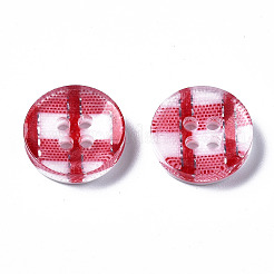 樹脂ボタン  4穴  タータン模様のフラットラウンド  ファイヤーブリック  13x2.5mm  穴：1.6mm&nbsp;X-BUTT-N017-01E