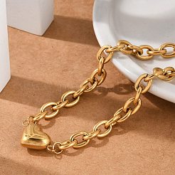 201ステンレススチール製アズキチェーンリンクブレスレット  女性向けの304ステンレススチール製ハートチャーム付き  ゴールドカラー  8-1/2インチ（21.5cm）&nbsp;BJEW-M051-01G-1