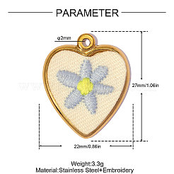 304ステンレススチール製、布製ペンダント付き  イオンプレーティング（ip）  花のチャーム付きハート  鏡面研磨仕上げ  ライトスカイブルー  18KGP本金メッキ  27x22mm  穴：2mm&nbsp;FB-OY001-05G