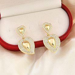 真鍮マイクロパヴェクリアキュービックジルコニアダングルスタッドピアス（女性用）  ハート  18KGP本金メッキ  30.5x15.5mm&nbsp;LS-EJEW-F352-05G-02