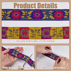 エスニックスタイルの花柄刺繍ポリエステルリボン  ジャカードリボン  服飾材料  ブルー  1-3/8インチ（33.5mm）  約7.66ヤード（7m）/バンドル&nbsp;OCOR-WH0104-04A