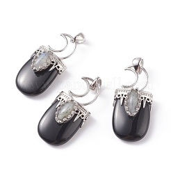 ナチュラルブラックオブシディアンのペンダント  真鍮パーツ  オーバル  プラチナ  44~46x20~21x16~17mm  穴：5x7mm&nbsp;G-F639-09E-P