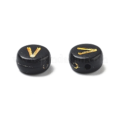 不透明なメッキアクリルビーズ  ゴールドライン入り  アルファベット付きフラットラウンド  V字  7x3.5mm  穴：1.2mm  約3846個/500g&nbsp;OACR-R005-03V