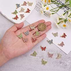 25個の合金ペンダント  キュービックジルコニア付き  ゴールドカラー  蝶  ミックスカラー  12x15mm  穴：2mm&nbsp;JX247A