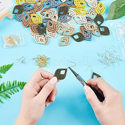 DIY リーフイヤリング作成キット  染色レーザーカット木製ペンダントを含む  鉄と真鍮のピアスフック  ミックスカラー  ペンダント：34.5~35.5x23.5~24x3.5~4mm  穴：1.2mm  72個/セット&nbsp;DIY-NB0004-05