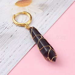 真鍮huggieフープピアス  ナチュラルオブシディアンワイヤーラップブレットペンダント付き  ゴールドカラー  50mm  ピン：1mm&nbsp;EJEW-JE04462-04