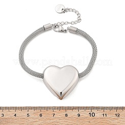 304ステンレススチールハートリンクブレスレット  女性用メッシュチェーンジュエリー  ステンレス鋼色  7-1/2インチ（19cm）&nbsp;BJEW-C089-12P